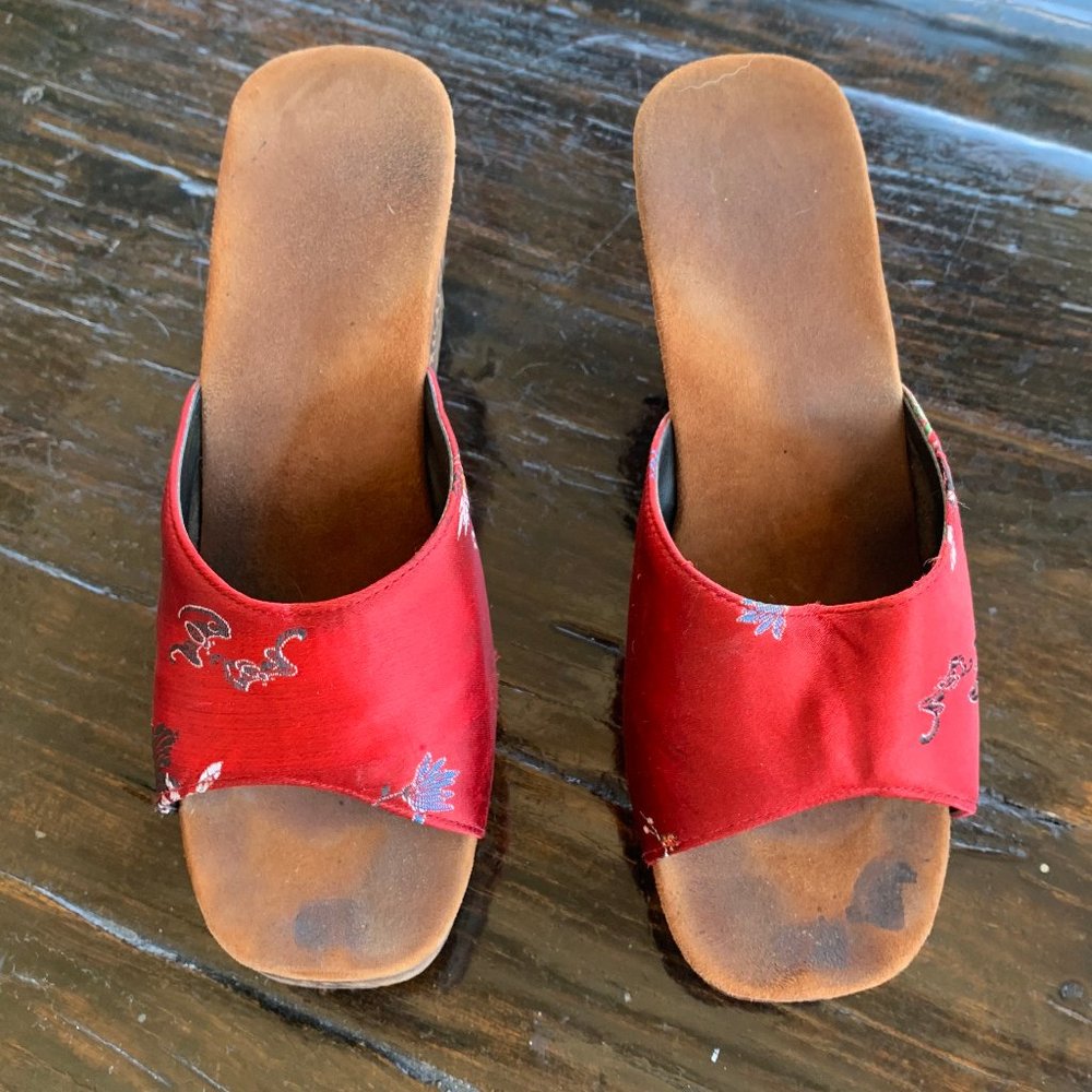 Red Embroidered Indonesian Carved Wood Mule Heels